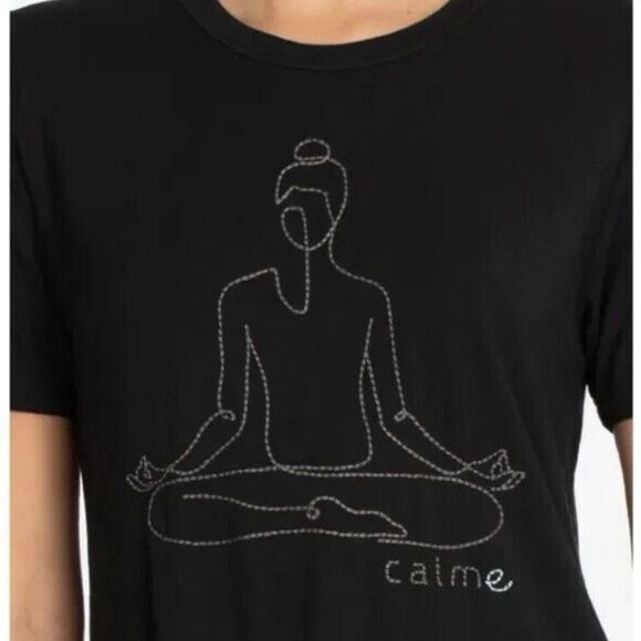 Johnny Was Tops - Calme By Johnny Was Women's Black Embroidered Padmasana Flowy Yoga Tee Sz XS